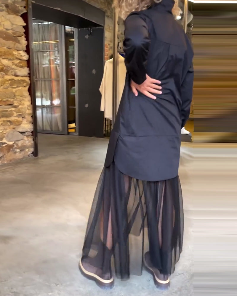 Leonie - Casual Długi Rękaw Siateczka Patchwork Sukienka