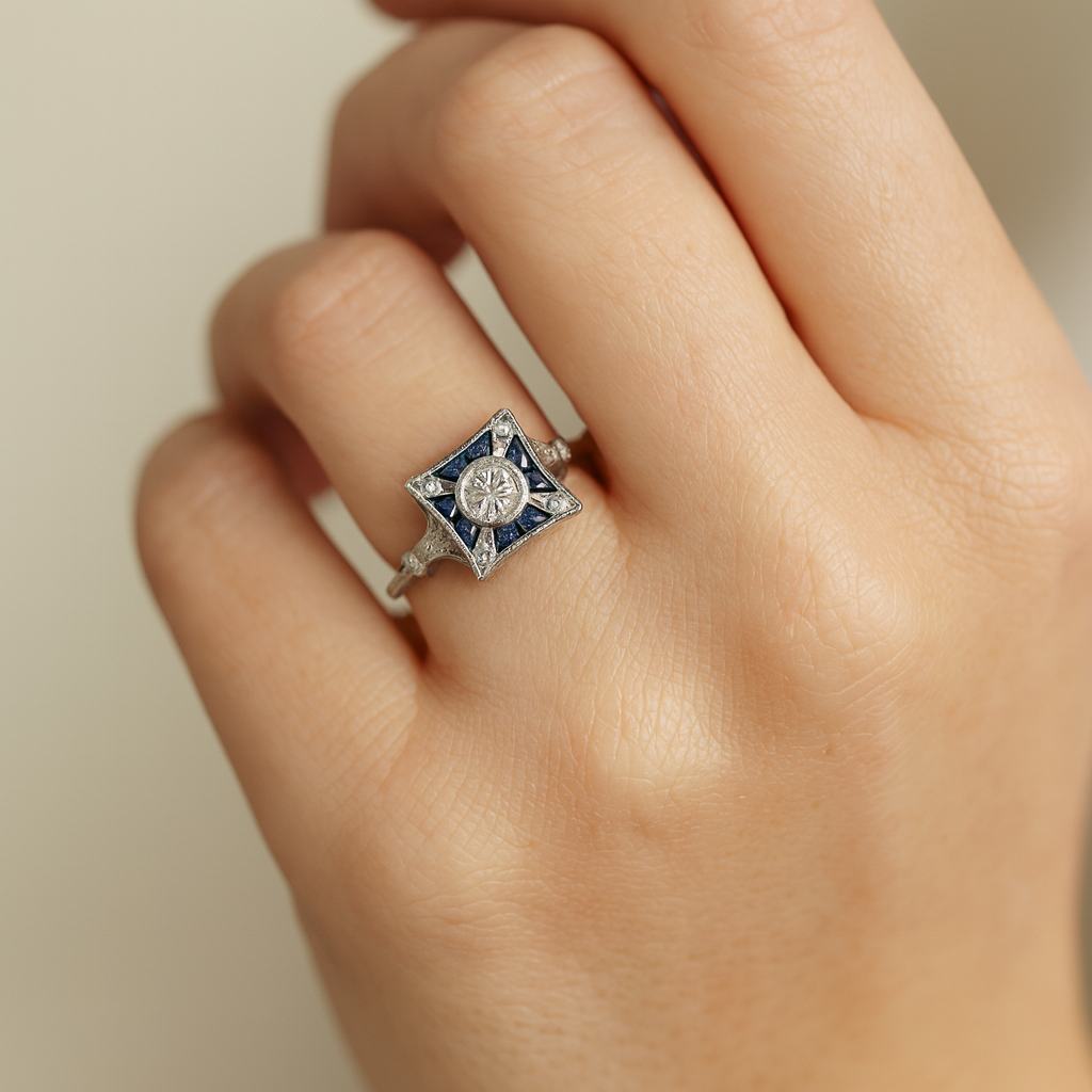 Pierścionek Vintage Kwadratowy z Cyrkonią Niebieską