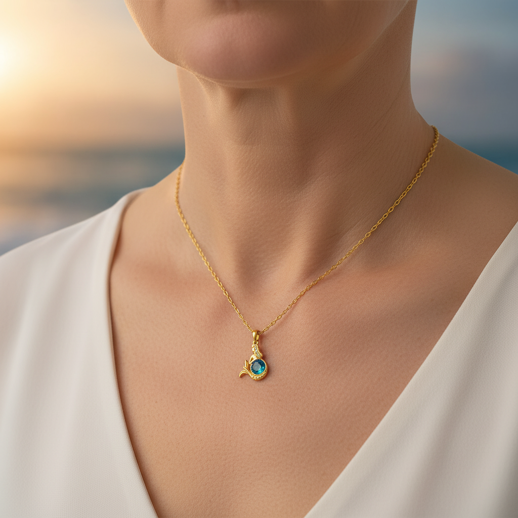 Naszyjnik Syrenka - Złoty z Kryształem Niebieskim
