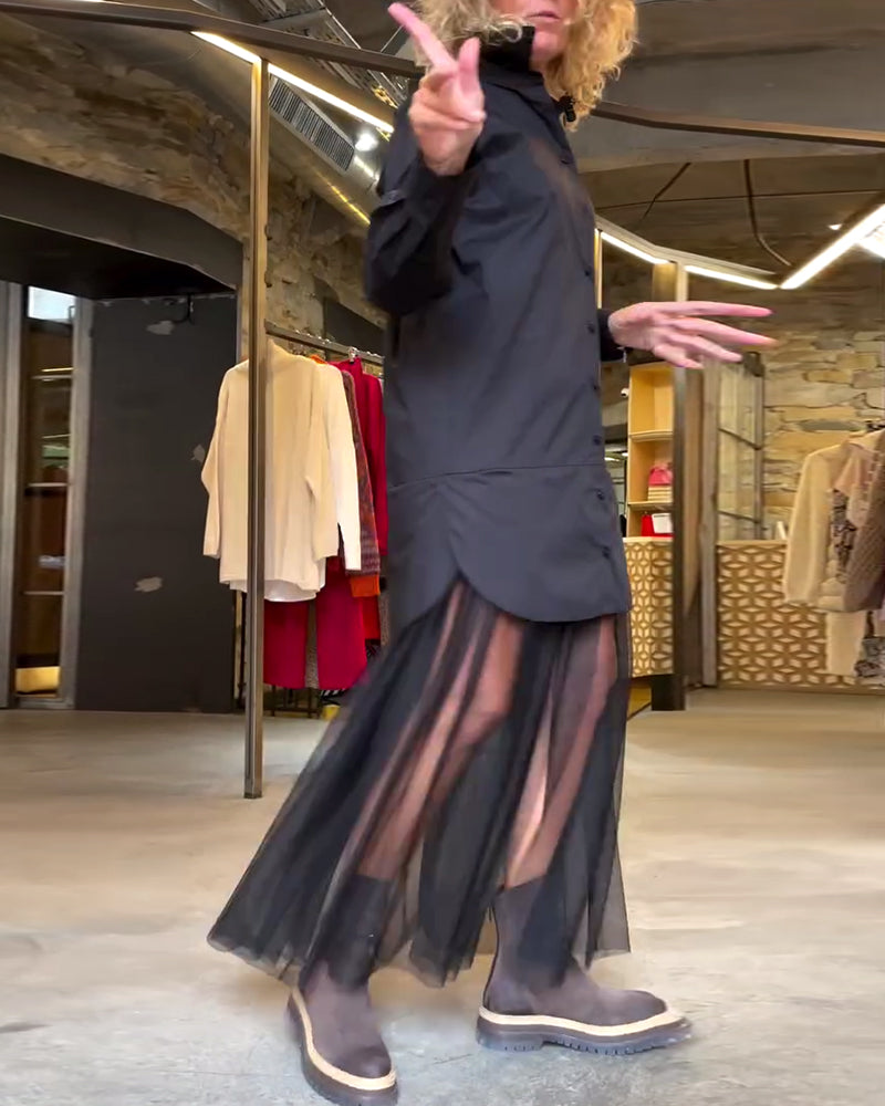 Leonie - Casual Długi Rękaw Siateczka Patchwork Sukienka